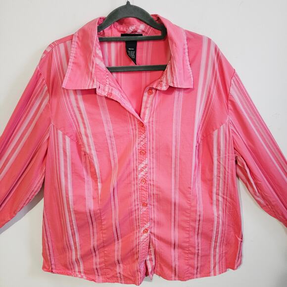 Lane Bryant Women's 18/20 Long Sleeve Button Up Blouse Red White Stripe Mature - Picture 2 of 6